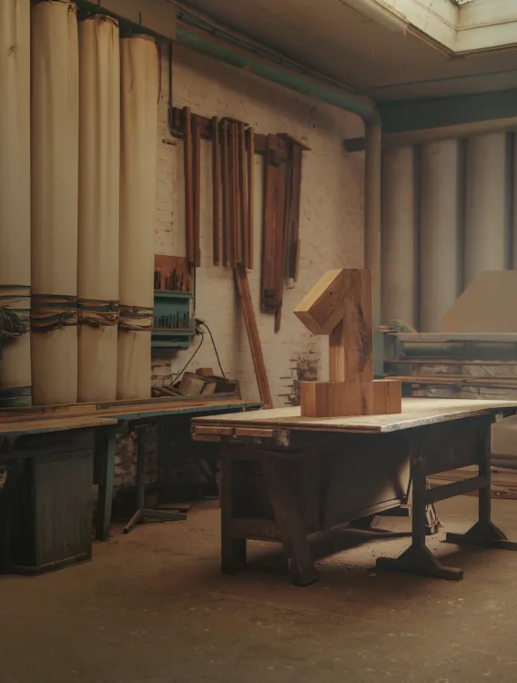 A wooden one is standing on a wooden workbench in a workshop