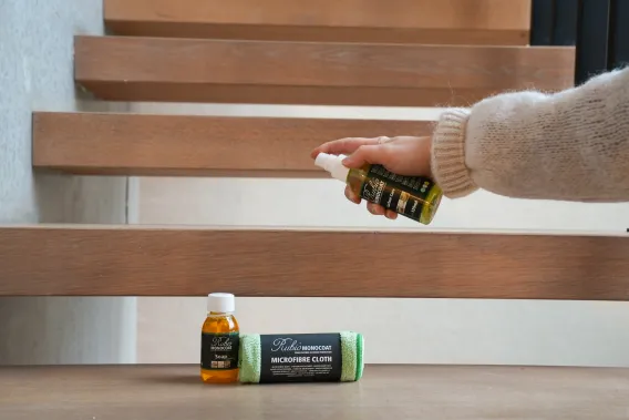 Cleaning products shown on a staircase step