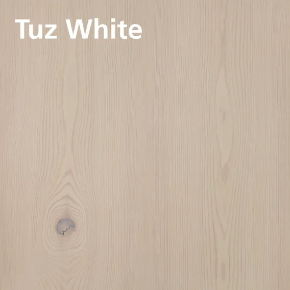 Oiled wood swatch of DuroGrit Tuz White on pine with description