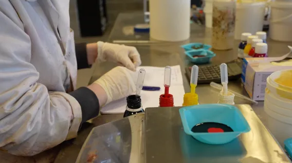 R&D Someone is testing several colours of wood oil in a lab