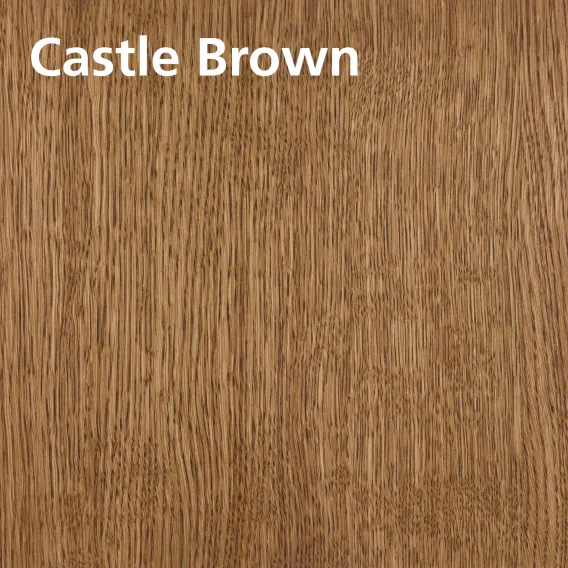 Oiled wood swatch of Oil Plus 2C Castle Brown on oak with description