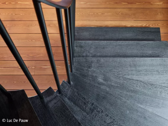 Detail shot of a black staircase with aluminum balluster