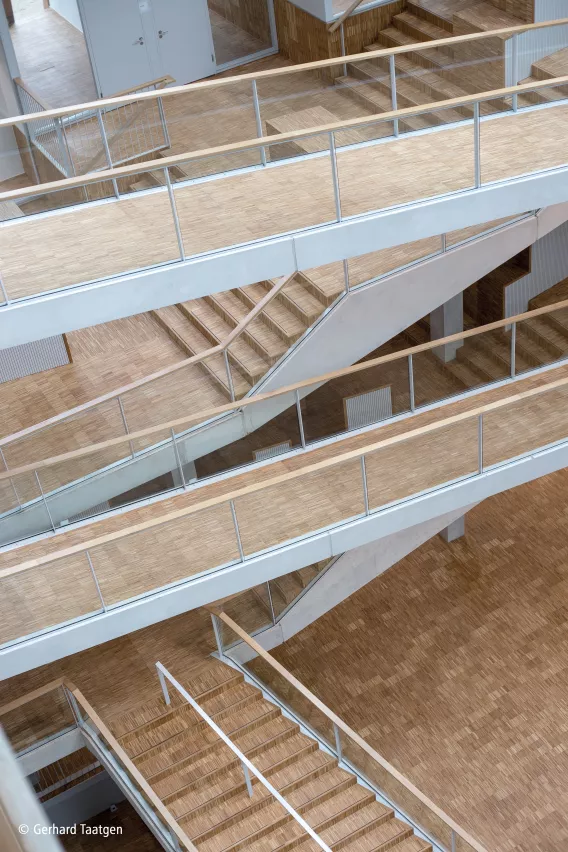 Several staircases and walking bridges inside a large building