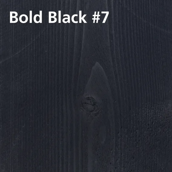 Treated wood swatch of WoodCream Bold Black #7 on pine with colour name