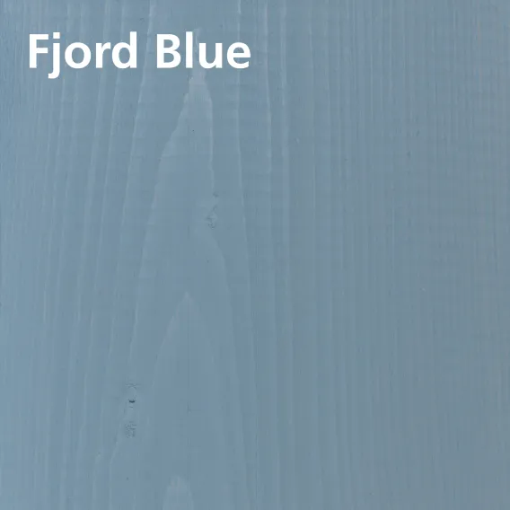 Treated wood swatch of WoodCream Fjord Blue on pine with colour name
