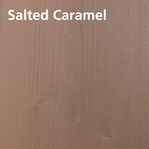 Treated wood swatch of WoodCream Salted Caramel on pine with colour name
